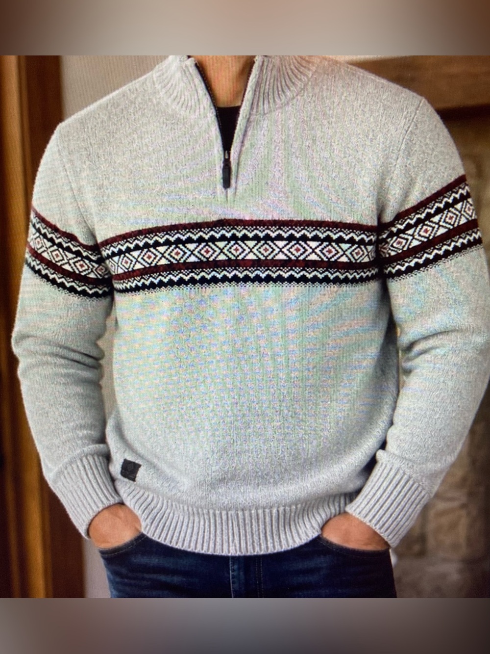 Point Zero Light Gray Half-Zip Sweater with Maroon Fair Isle